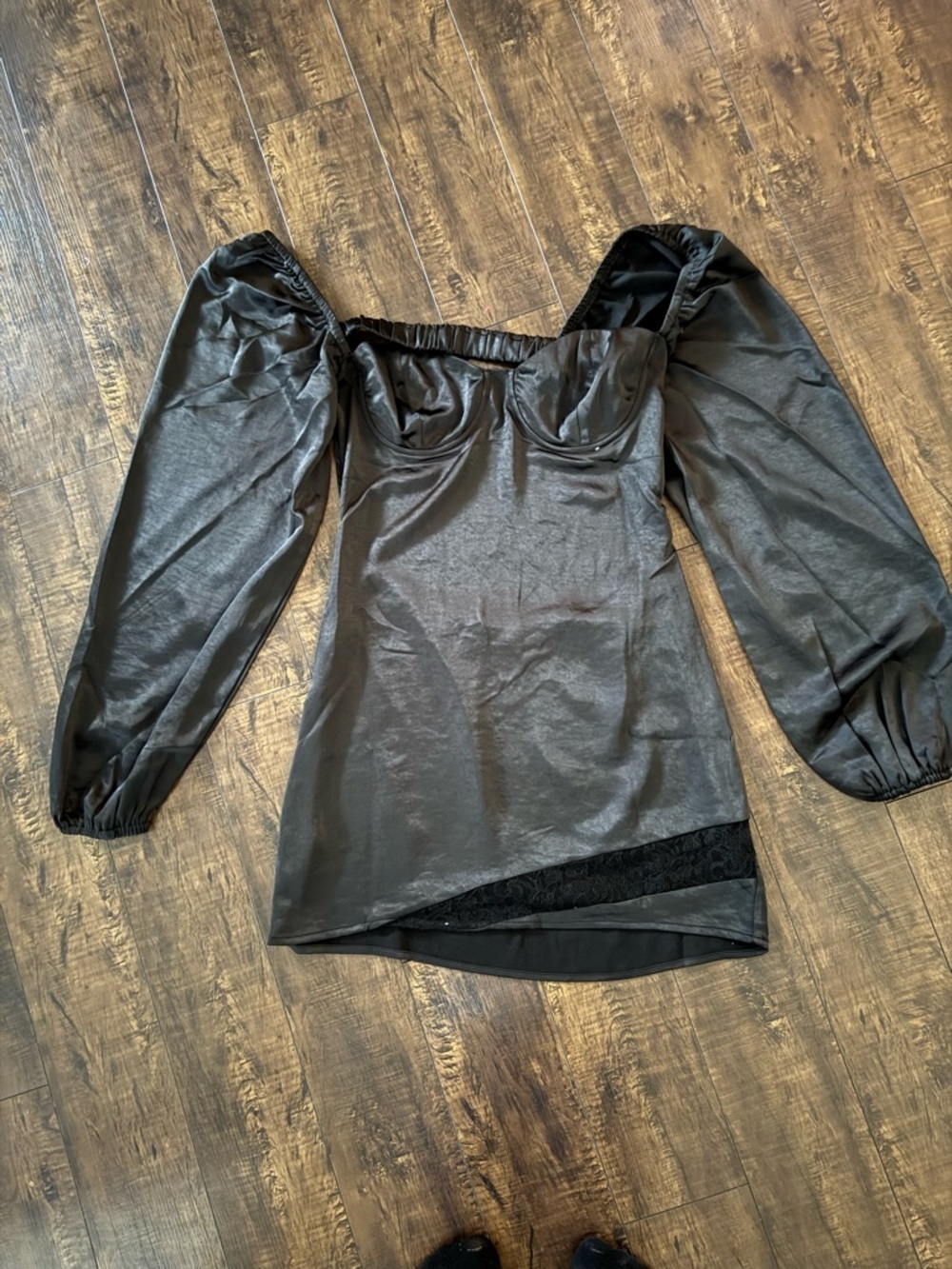 Princess Polly Black Satin Mini Dress with Long Puff Sleeves - Picture 6 of 7